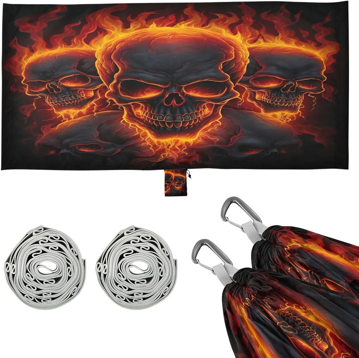 Fire Skulls Camping Hammock, Single Portable Hammocks with Tree Straps & Attached Carry Bag, 330Lbs Capacity Perfect for Outside Indoor Hiking Beach Backpack Travel