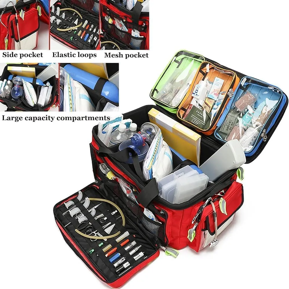 First Aid Kit Bag Large Capacity Medical Trolley Bag with Wheels First Responder Trauma Bag Portable Outdoor Emergency Medical Duffle Bag Empty with Compartments Removable for Oxygen Tank,(Blue)
