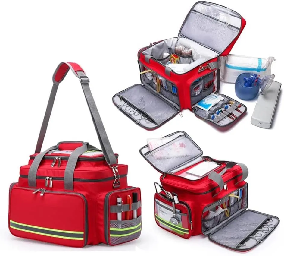First Aid Kit Multiple Compartments Lightweight Emergency Responder Trauma Bag - Great for Home, Outdoors, Office, Car, Travel, Camping, Hiking, Boating(Color:Red), 45x28x33cm