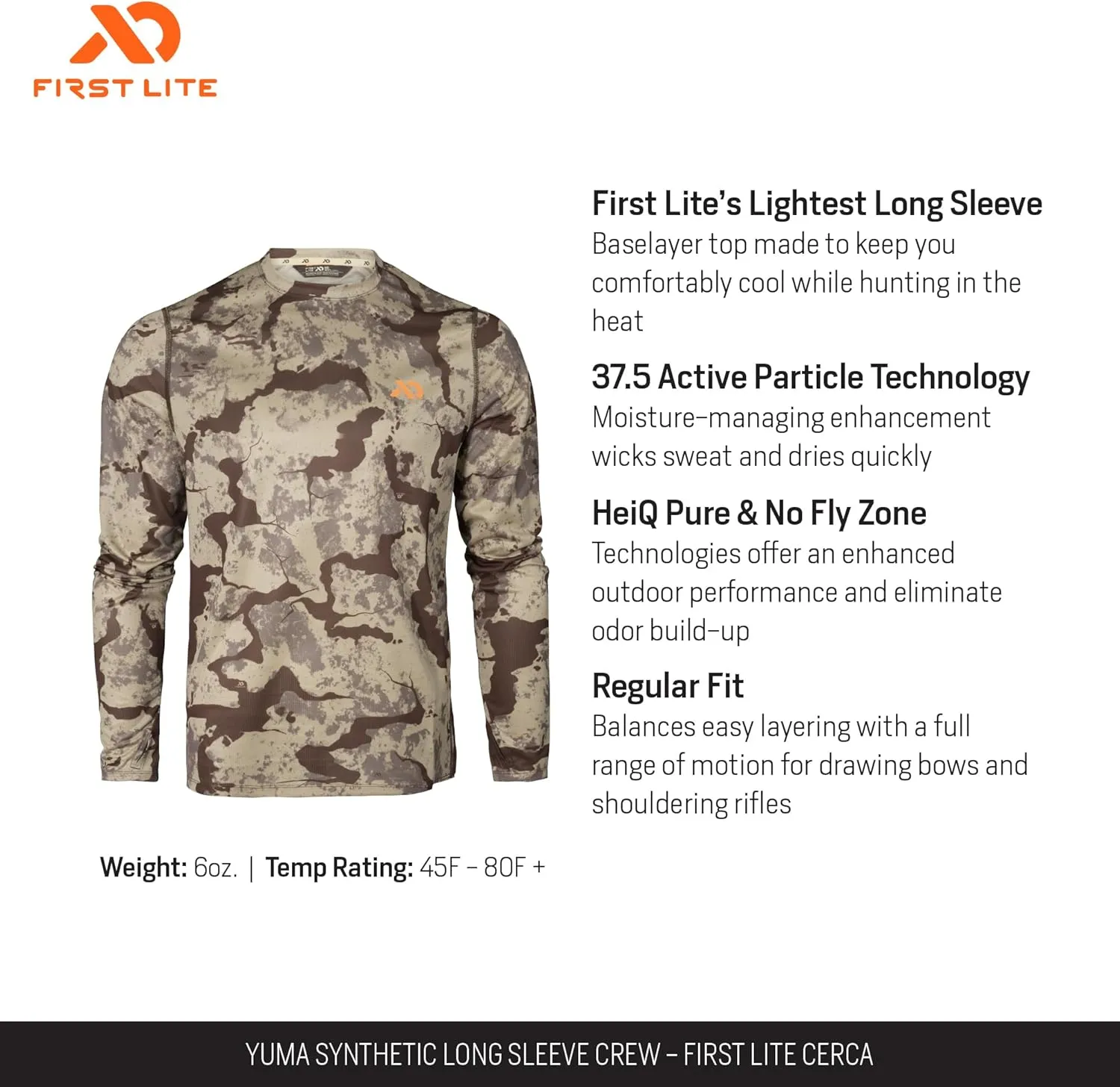 First Lite Men's Yuma Synthetic Long Sleeve Crew - Breathable Ultralight Camo Hunting Baselayer