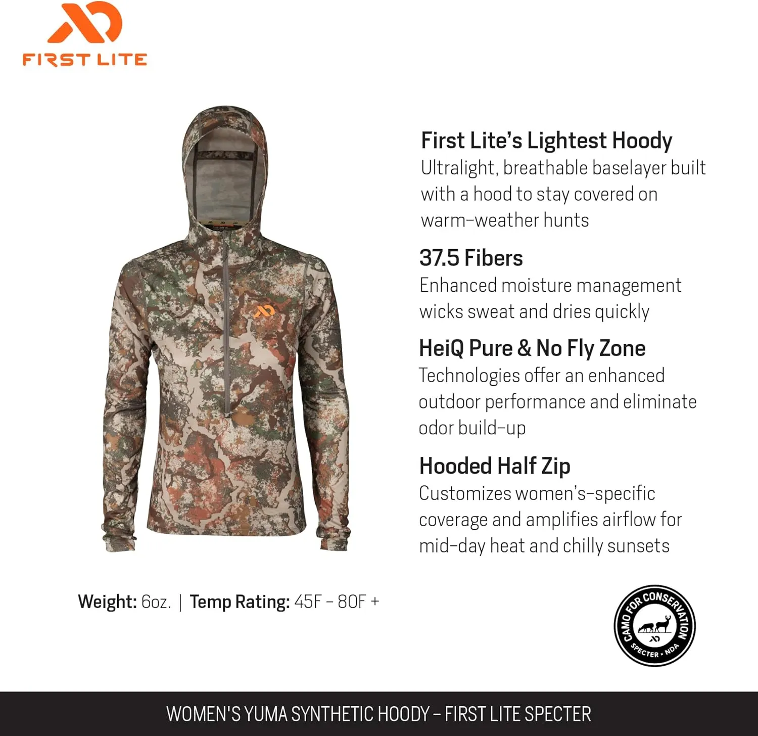 First Lite Women's Yuma Synthetic Hoody - Breathable Ultralight Camo Hunting Baselayer