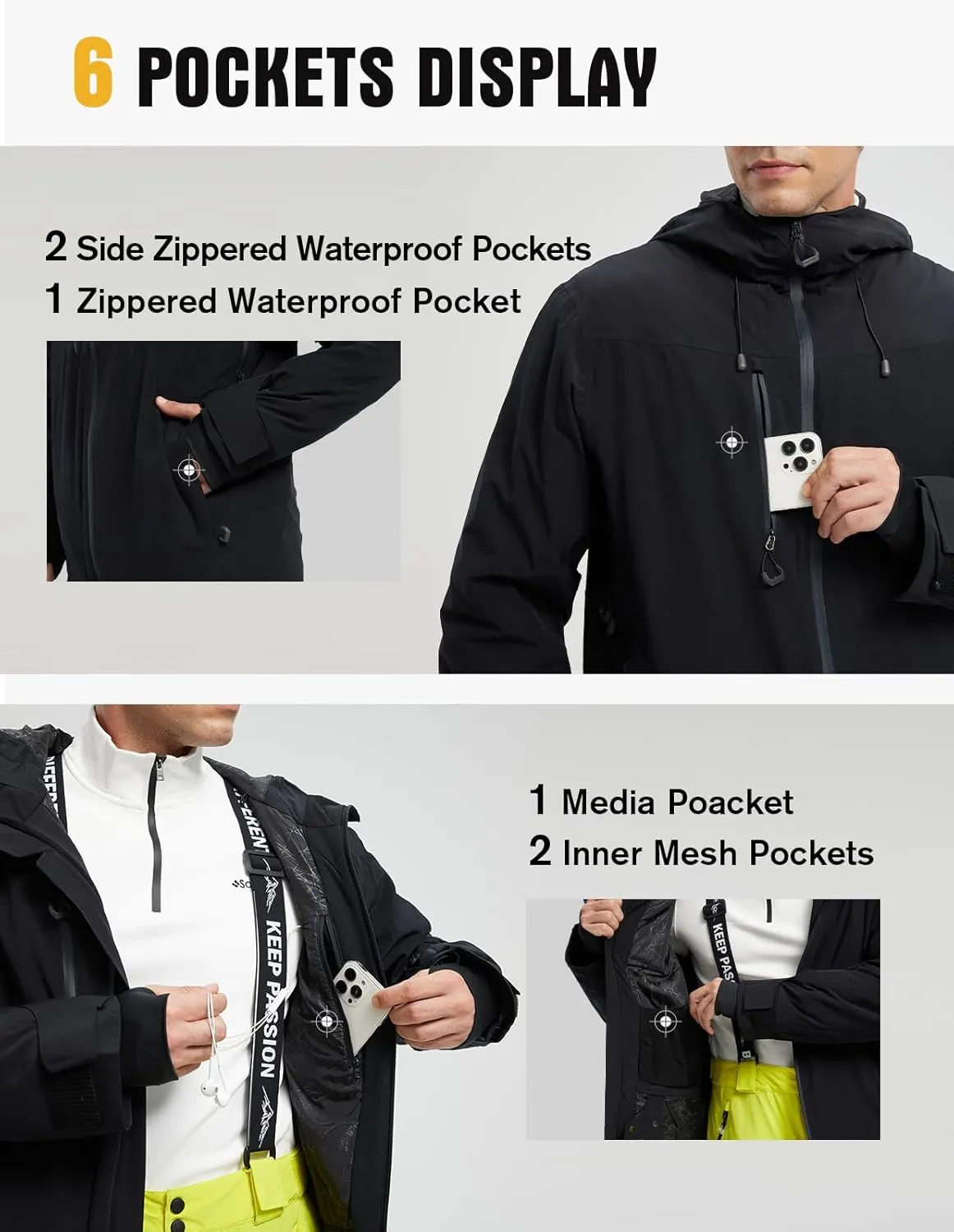 fit space Men's Ski Jacket Waterproof Winter Snow Rain Coat Alpine Windbreaker Insulated Hooded