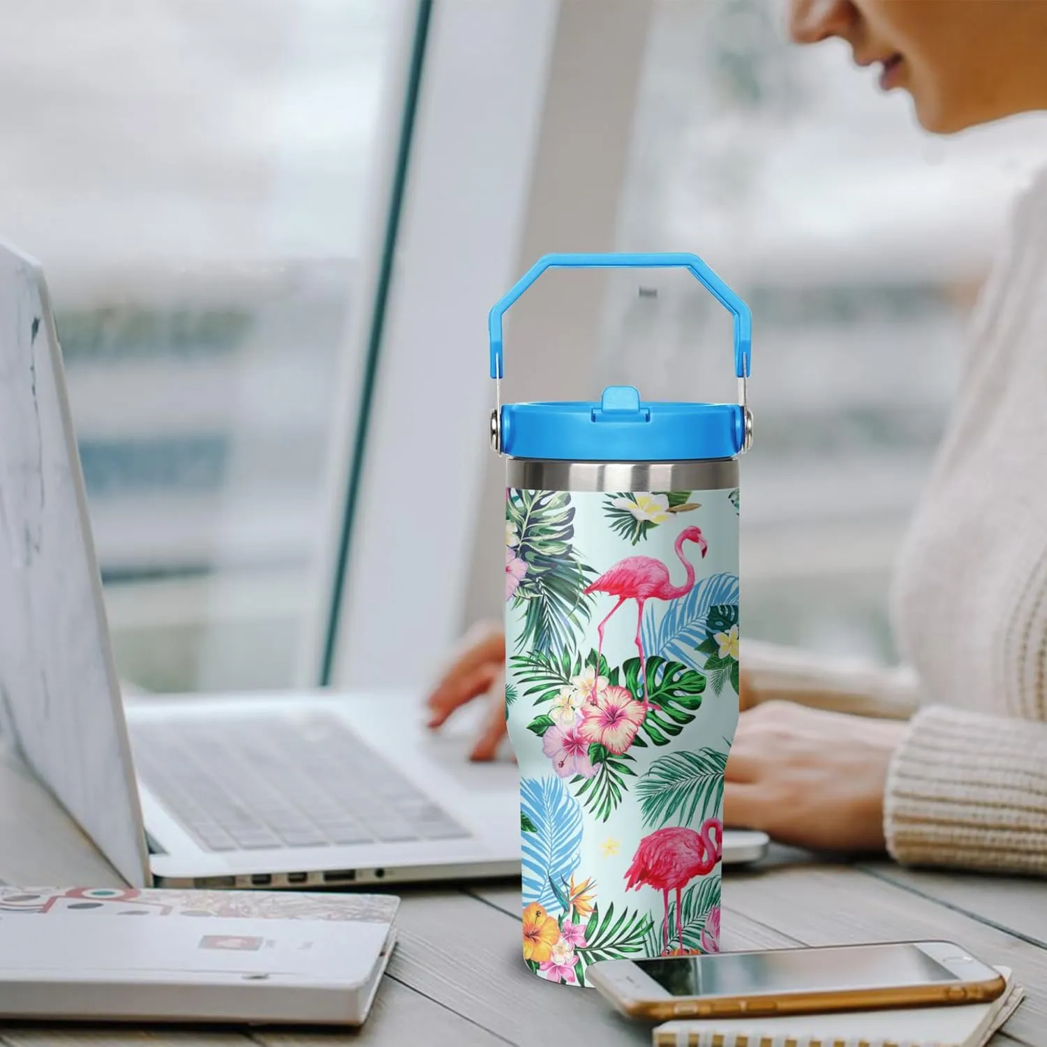 Flamingo Tumbler with Handle and Flip Straw for Women Men, 30oz Stainless Steel Insulated Cup, Water Bottle Travel Coffee Mug, Gifts for Animal Lovers