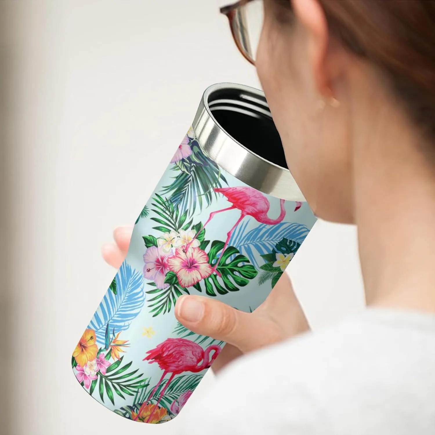 Flamingo Tumbler with Handle and Flip Straw for Women Men, 30oz Stainless Steel Insulated Cup, Water Bottle Travel Coffee Mug, Gifts for Animal Lovers