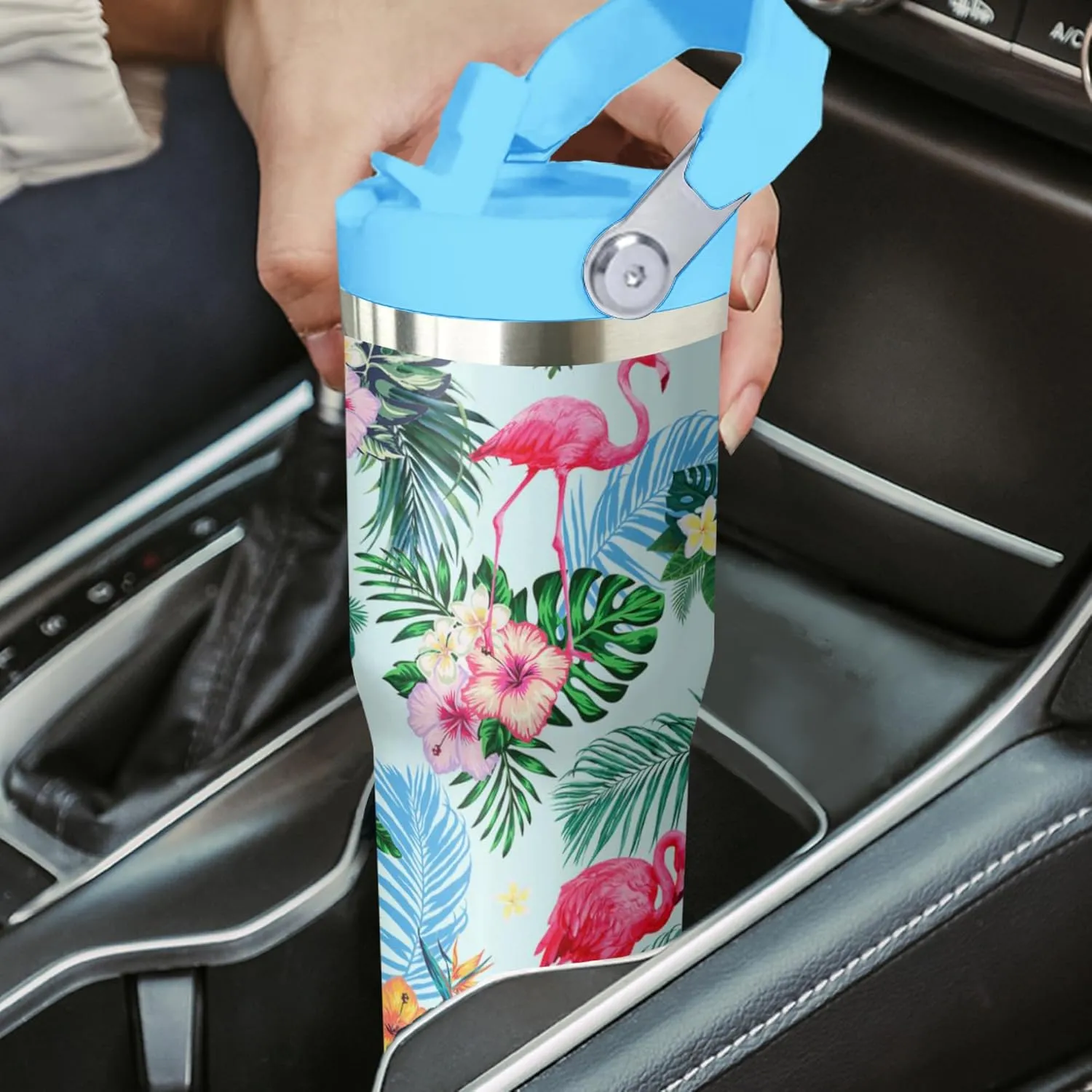 Flamingo Tumbler with Handle and Flip Straw for Women Men, 30oz Stainless Steel Insulated Cup, Water Bottle Travel Coffee Mug, Gifts for Animal Lovers