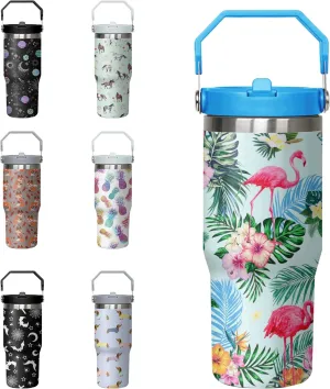 Flamingo Tumbler with Handle and Flip Straw for Women Men, 30oz Stainless Steel Insulated Cup, Water Bottle Travel Coffee Mug, Gifts for Animal Lovers