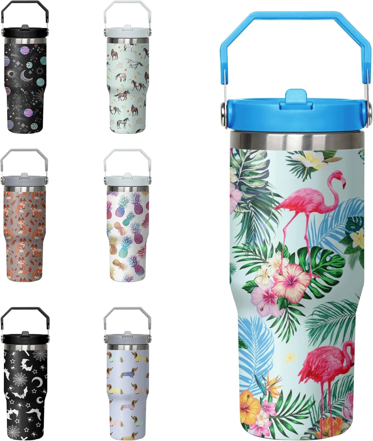 Flamingo Tumbler with Handle and Flip Straw for Women Men, 30oz Stainless Steel Insulated Cup, Water Bottle Travel Coffee Mug, Gifts for Animal Lovers