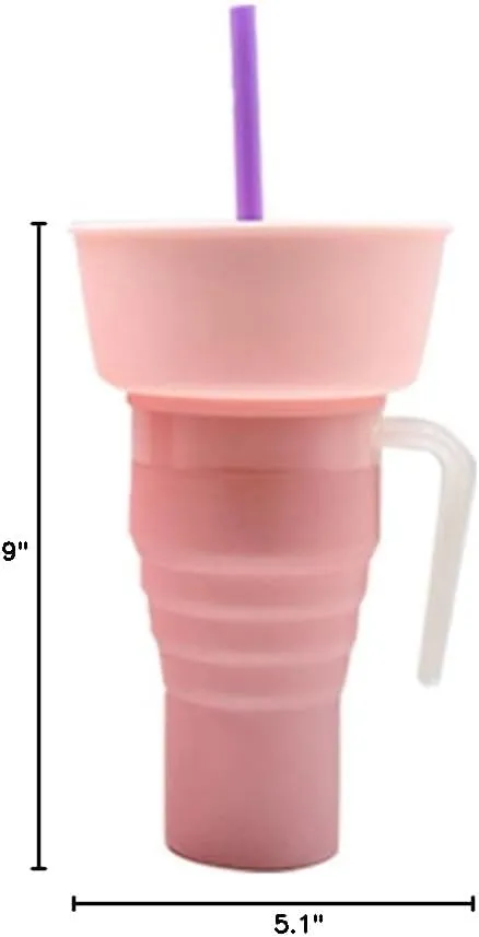 Foldable Snack Cup - Ideal Choice for Family Movie Nights - Multipurpose Water Bottle with Popcorn Holder - Convenient and Portable Travel Essential - Food-Grade Material for Hygienic and Safe (pink)