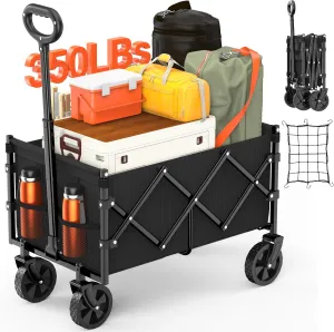 Foldable Wagon with Wheels, Portable Heavy Duty Collapsible Beach Cart - Large Capacity Utility Wagon for Shopping, Sports, Camping，Garden，Grocery - Black