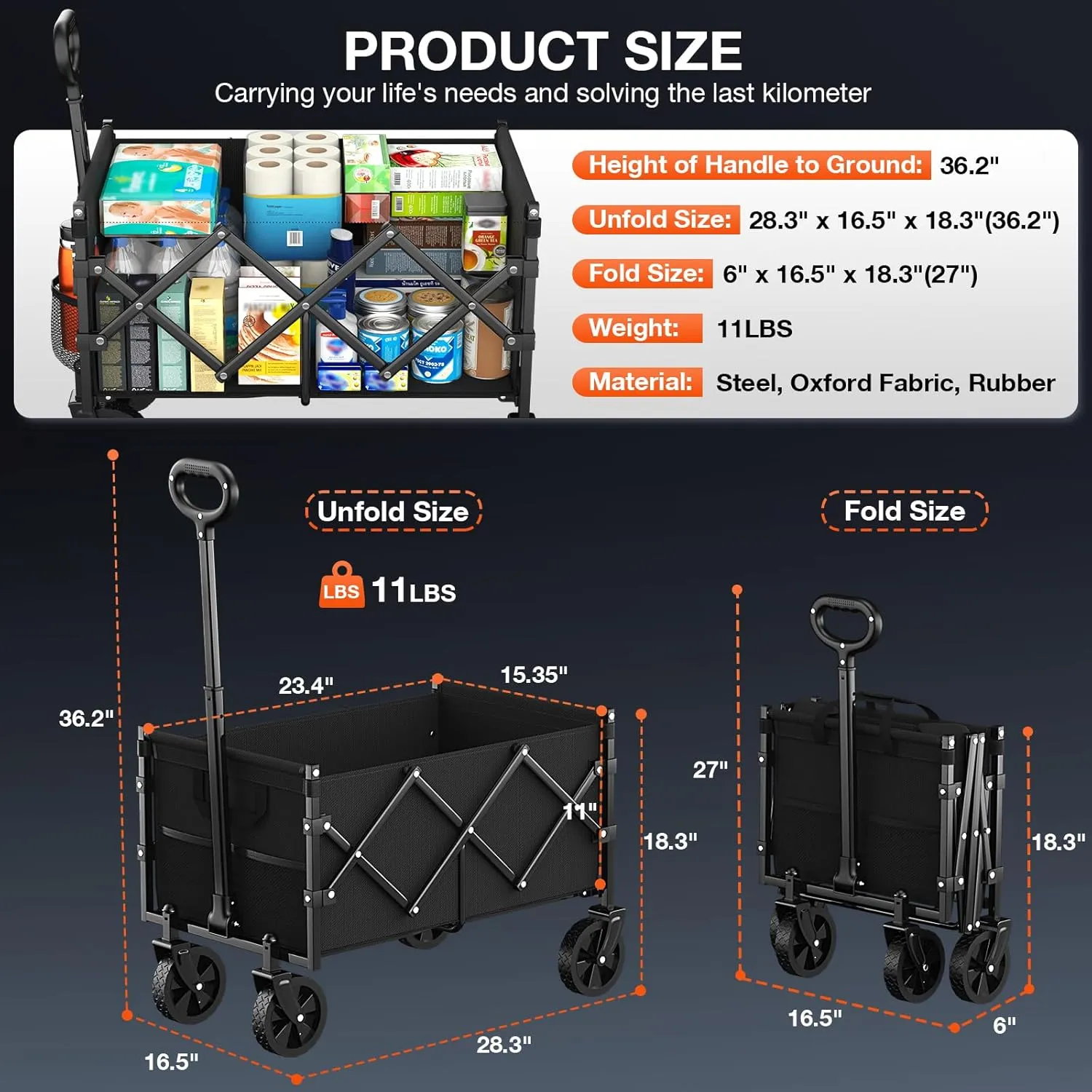 Foldable Wagon with Wheels, Portable Heavy Duty Collapsible Beach Cart - Large Capacity Utility Wagon for Shopping, Sports, Camping，Garden，Grocery - Black
