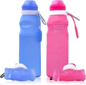 Foldable Water Bottle, 2Pcs Collapsible Water Bottle 600ml Silicone Foldable Water Bottle with Keyring & Dustproof Cap Leakproof Portable Water Bottle for Outdoor