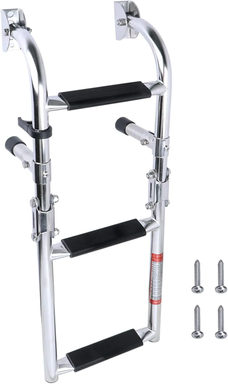 Folding Boat Ladder, Stainless Steel 3 Step Swim Ladder, Collapsible 2 1 Step Ladder for Swimming Pool Pontoon Dock Stern Mount W Rubber Grips