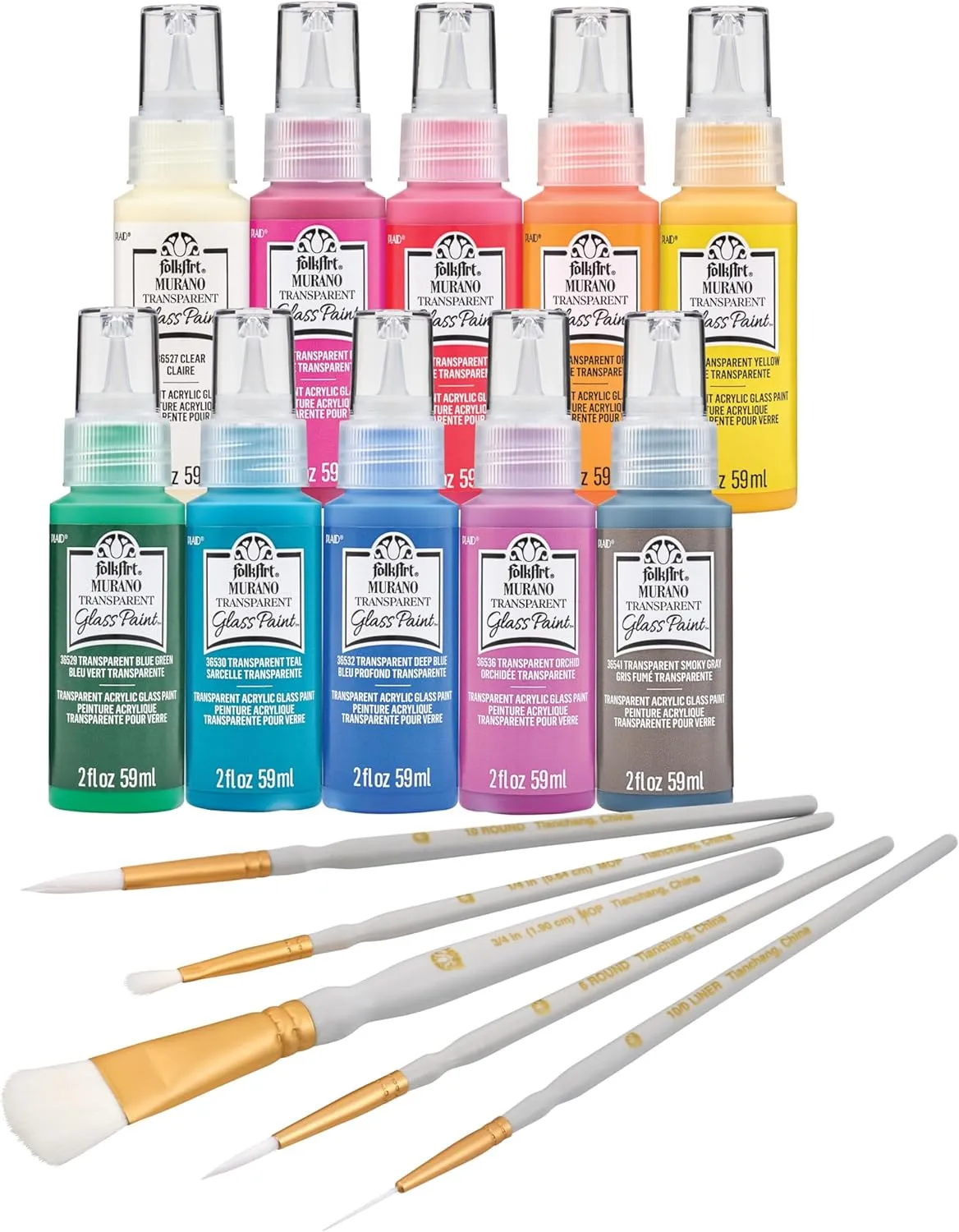 FolkArt Murano Acrylic Craft Paint Kit, 15 Piece Set Including 5 Brushes and 10 Transparent Colors, PROMOMG24