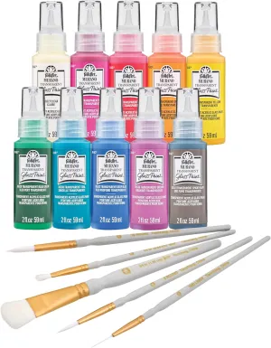FolkArt Murano Acrylic Craft Paint Kit, 15 Piece Set Including 5 Brushes and 10 Transparent Colors, PROMOMG24
