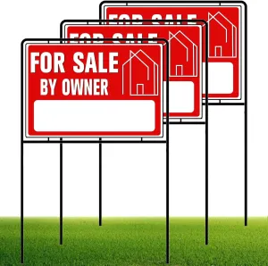 For Sale By Owner Yard Sign with Stakes, 30 inches High, Double-Sided Printing, For Sale By Owner Signs for Real Estate, Yard Sign for Home House Real Estate, (3 Pack)