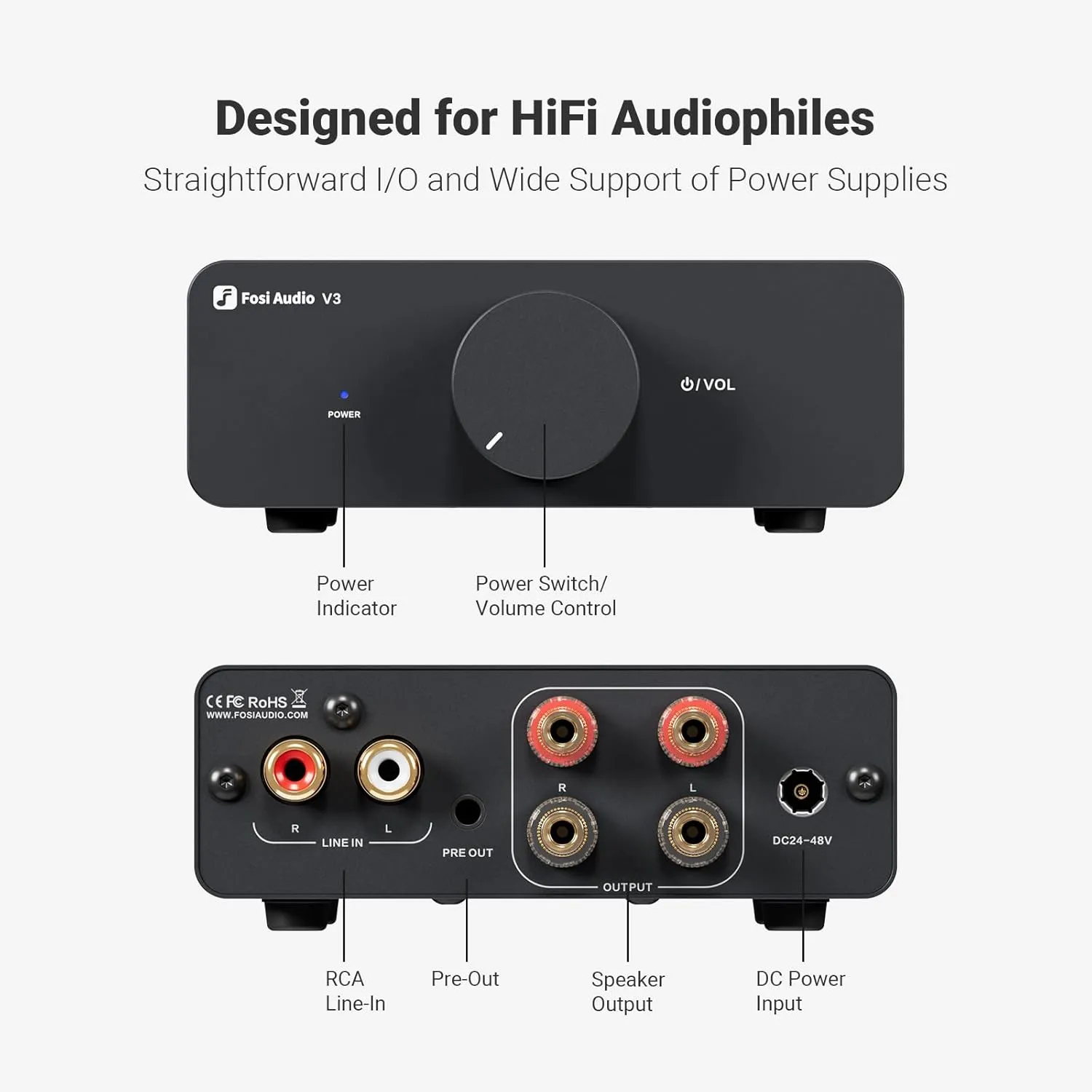 Fosi Audio V3 Stereo Amplifier Home Audio 300 Watts x2 Power TPA3255 Class D Mini Amp 2 Channel Audio Component for Passive Bookshelf Tower Speakers Desktop Home Theater with 32V Power Supply