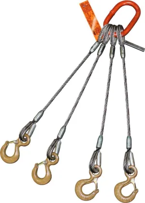 Four Leg Bridle Wire Rope Sling | 2.2 Ton Vertical Rated | Eye Hooks with Safety Latches | 1/4" Dia. | 14' Length | EIPS 6x25 IWRC | Hanes Supply (HSI) Heavy Duty Rigging Cable for Lifting and Towing
