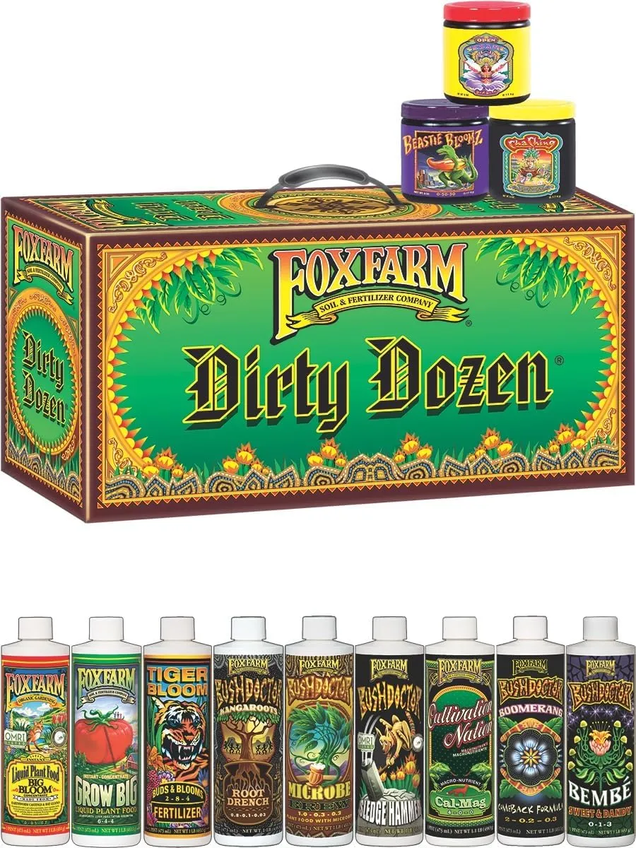 Fox Farm Dirty Dozen Starter Kit - 9-Pack Liquid Nutrients & 3 Soluble Fertilizers - Includes Open Sesame, Beastie Bloomz & Cha Ching - Perfect for Thriving Plants & Vibrant Blooms