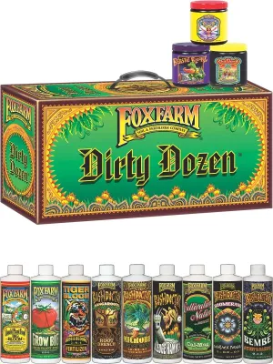 Fox Farm Dirty Dozen Starter Kit - 9-Pack Liquid Nutrients & 3 Soluble Fertilizers - Includes Open Sesame, Beastie Bloomz & Cha Ching - Perfect for Thriving Plants & Vibrant Blooms