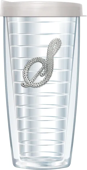 FREEHEART Silver Rhinestone Letter on Clear Insulated Tumbler with Travel Lid - Double Walled Thermal Insulation - Sparkly Glittery Monogram Initials (16 oz, S)