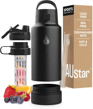 Fruit Infuser Water Bottle with Hidden Compartment - Water Infuser - Infusion Water Bottle - Hot and Cold Water Bottle - Dishwasher Safe Water Bottle - Dog Bottle - Black Water Bottle - 26 oz (Caviar)