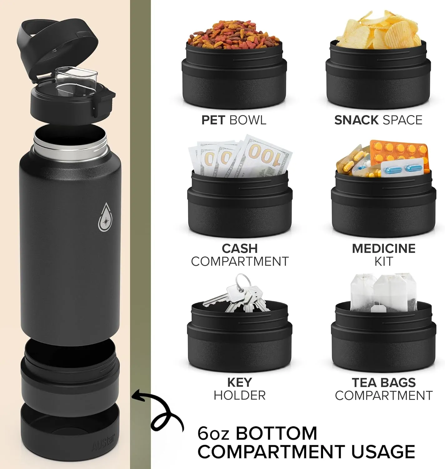 Fruit Infuser Water Bottle with Hidden Compartment - Water Infuser - Infusion Water Bottle - Hot and Cold Water Bottle - Dishwasher Safe Water Bottle - Dog Bottle - Black Water Bottle - 26 oz (Caviar)