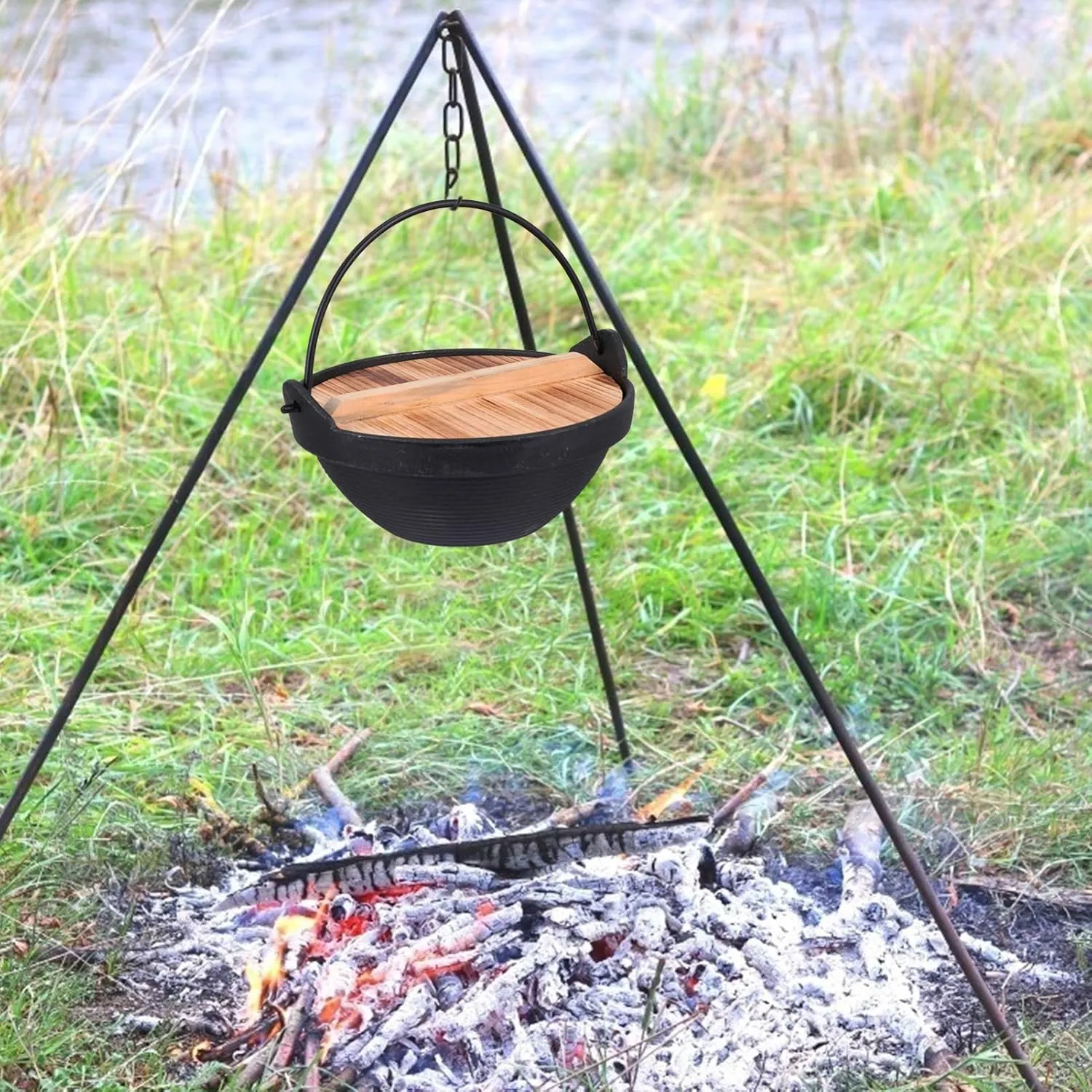Frying 1 Set Cast Iron Camping Pot with Lid Hanging Cooking Pot Outdoor Picnic Cookware Nonstick Iron Deep Frying Pan for Dinner Backpacking Hiking 20cm pan