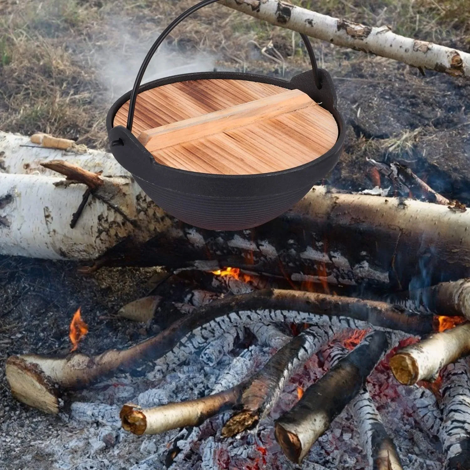 Frying 1 Set Cast Iron Camping Pot with Lid Hanging Cooking Pot Outdoor Picnic Cookware Nonstick Iron Deep Frying Pan for Dinner Backpacking Hiking 20cm pan
