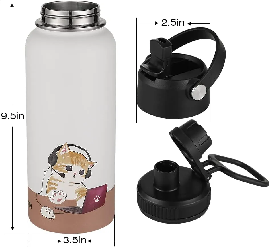 Funkrin Insulated Water Bottle with Straw Lid & Spout Lid, 32oz Personalized Vacuum Stainless Steel Travel Mug, Leak Proof Double Walled Thermos for Hot & Cold Beverages