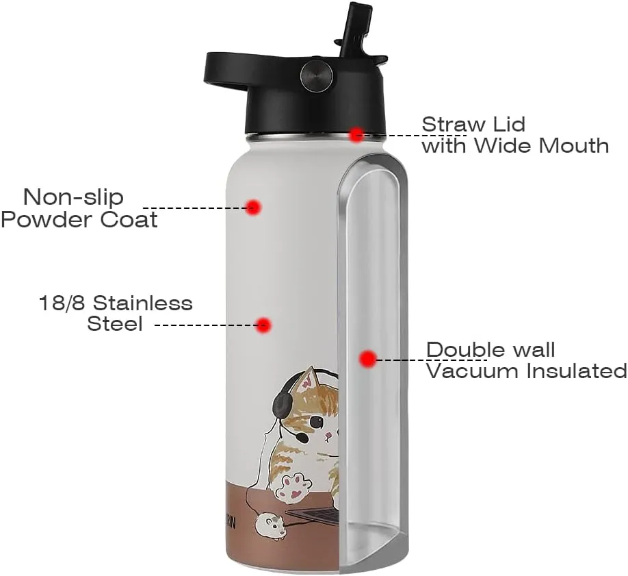 Funkrin Insulated Water Bottle with Straw Lid & Spout Lid, 32oz Personalized Vacuum Stainless Steel Travel Mug, Leak Proof Double Walled Thermos for Hot & Cold Beverages