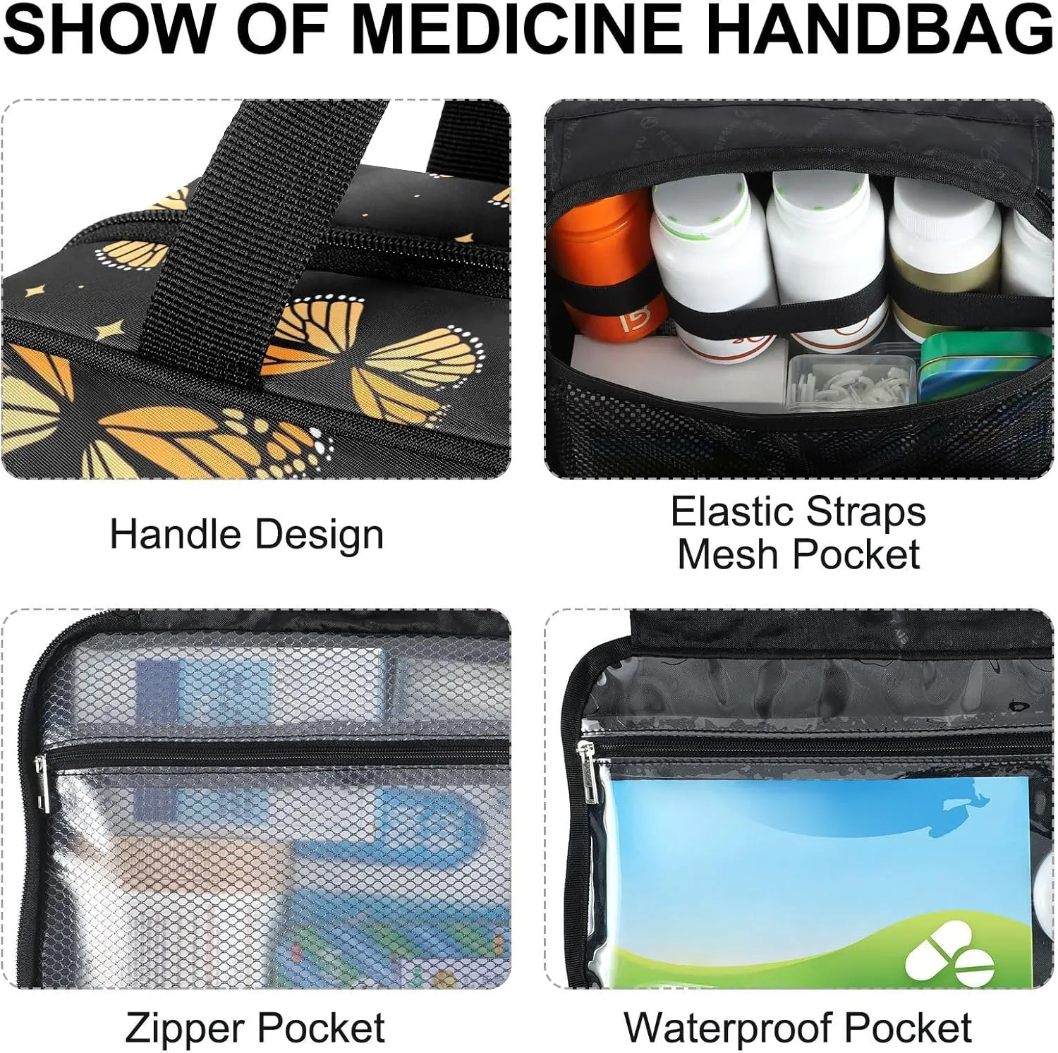 Fustylead Beautiful Monarch Butterflies and Shining Stars Large Medical Supplies Organizer Bag with Zipper Empty First Aid Bag Trauma Kit for Traveling Hiking Camping