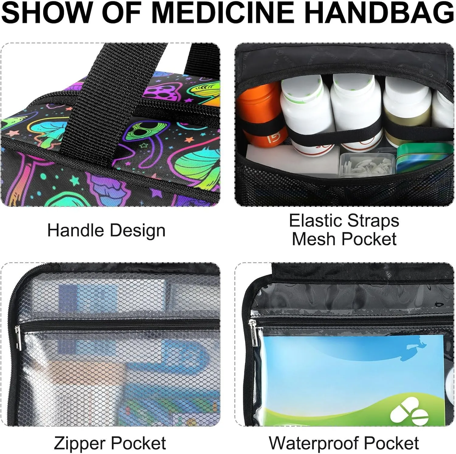 Fustylead Colorful Bright Psychedelic Mushrooms Large Medical Storage Bag with Zipper Empty First Aid Bag Trauma Kit for Traveling Hiking Camping Backpacking