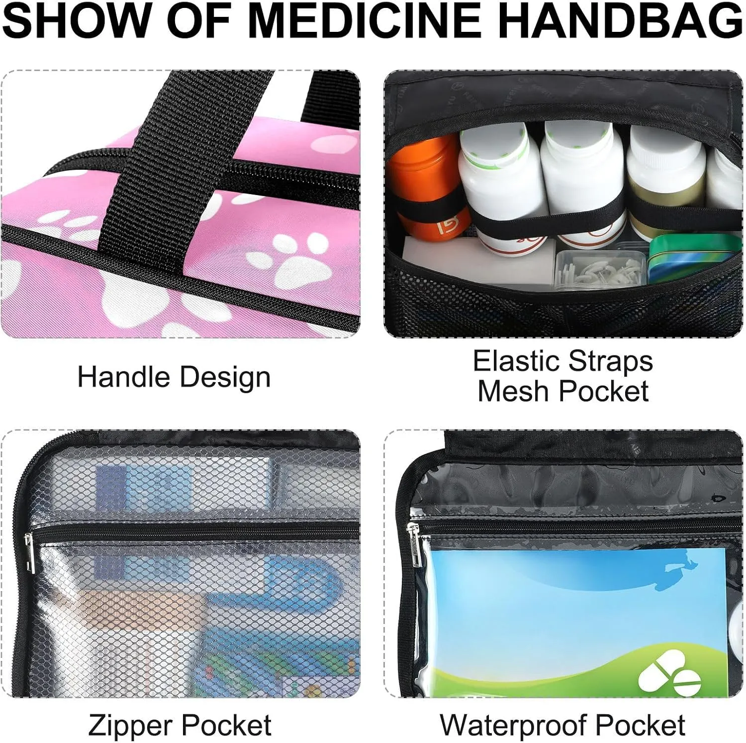 Fustylead Cute White Paw Prints on Pink Background Large Medical Storage Bag with Zipper Empty First Aid Bag Trauma Kit for Traveling Hiking Camping Backpacking