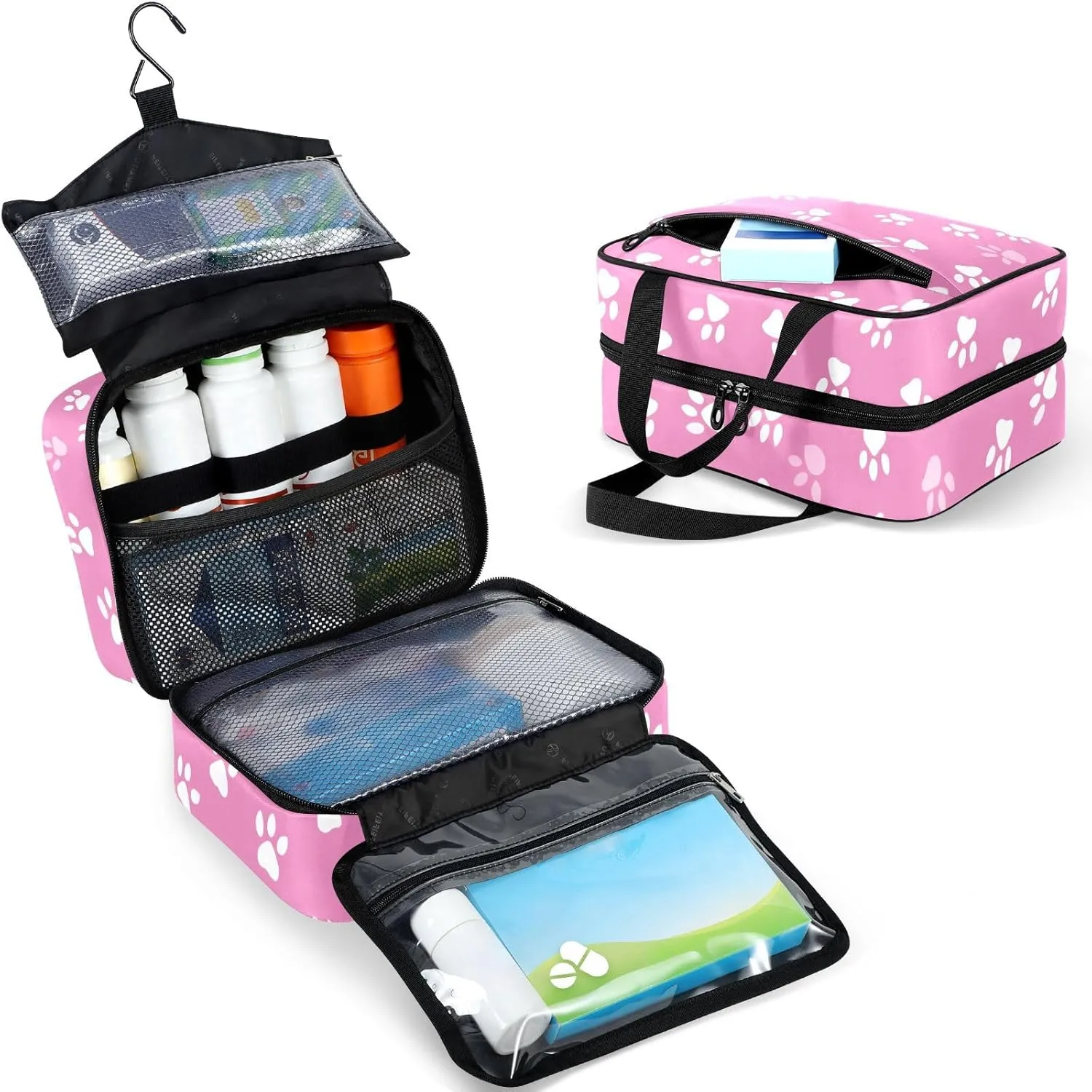 Fustylead Cute White Paw Prints on Pink Background Large Medical Storage Bag with Zipper Empty First Aid Bag Trauma Kit for Traveling Hiking Camping Backpacking