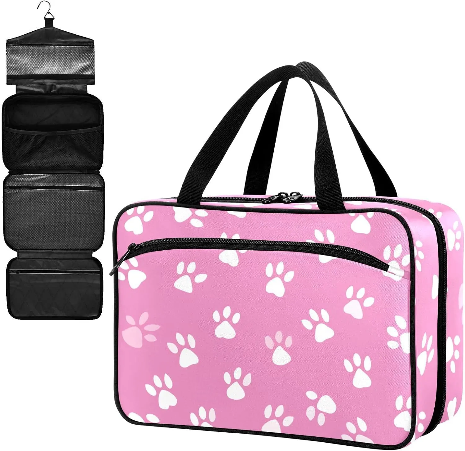 Fustylead Cute White Paw Prints on Pink Background Large Medical Storage Bag with Zipper Empty First Aid Bag Trauma Kit for Traveling Hiking Camping Backpacking