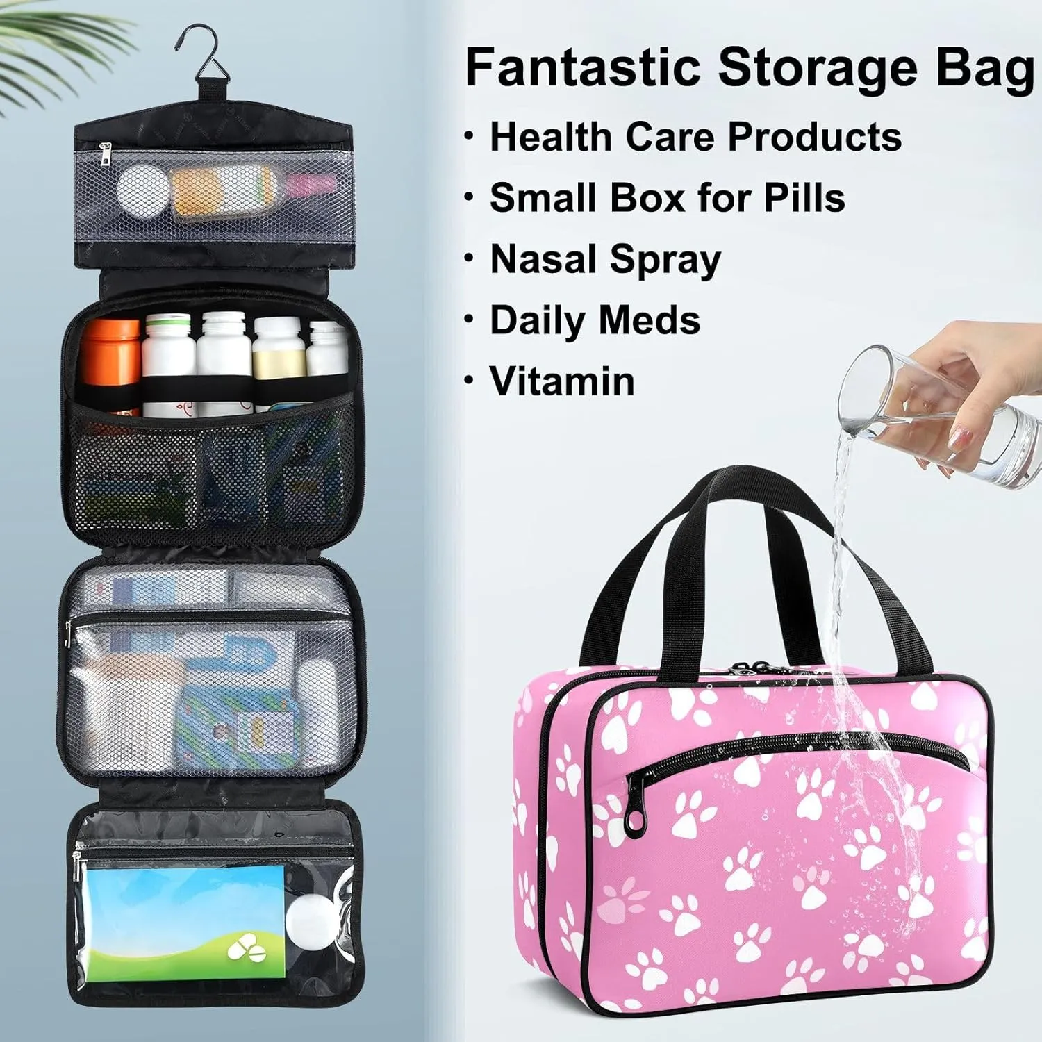 Fustylead Cute White Paw Prints on Pink Background Large Medical Storage Bag with Zipper Empty First Aid Bag Trauma Kit for Traveling Hiking Camping Backpacking