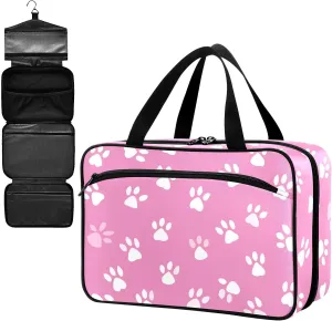 Fustylead Cute White Paw Prints on Pink Background Large Medical Storage Bag with Zipper Empty First Aid Bag Trauma Kit for Traveling Hiking Camping Backpacking