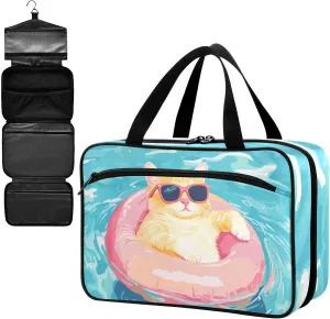 Fustylead Leisurely Cat with Sunglasses in The Pool Empty Travel First Aid Bag Large Home Medication Bag with Zipper for Pills,Vitamin,Fish Oil,Supplements for Women and Men