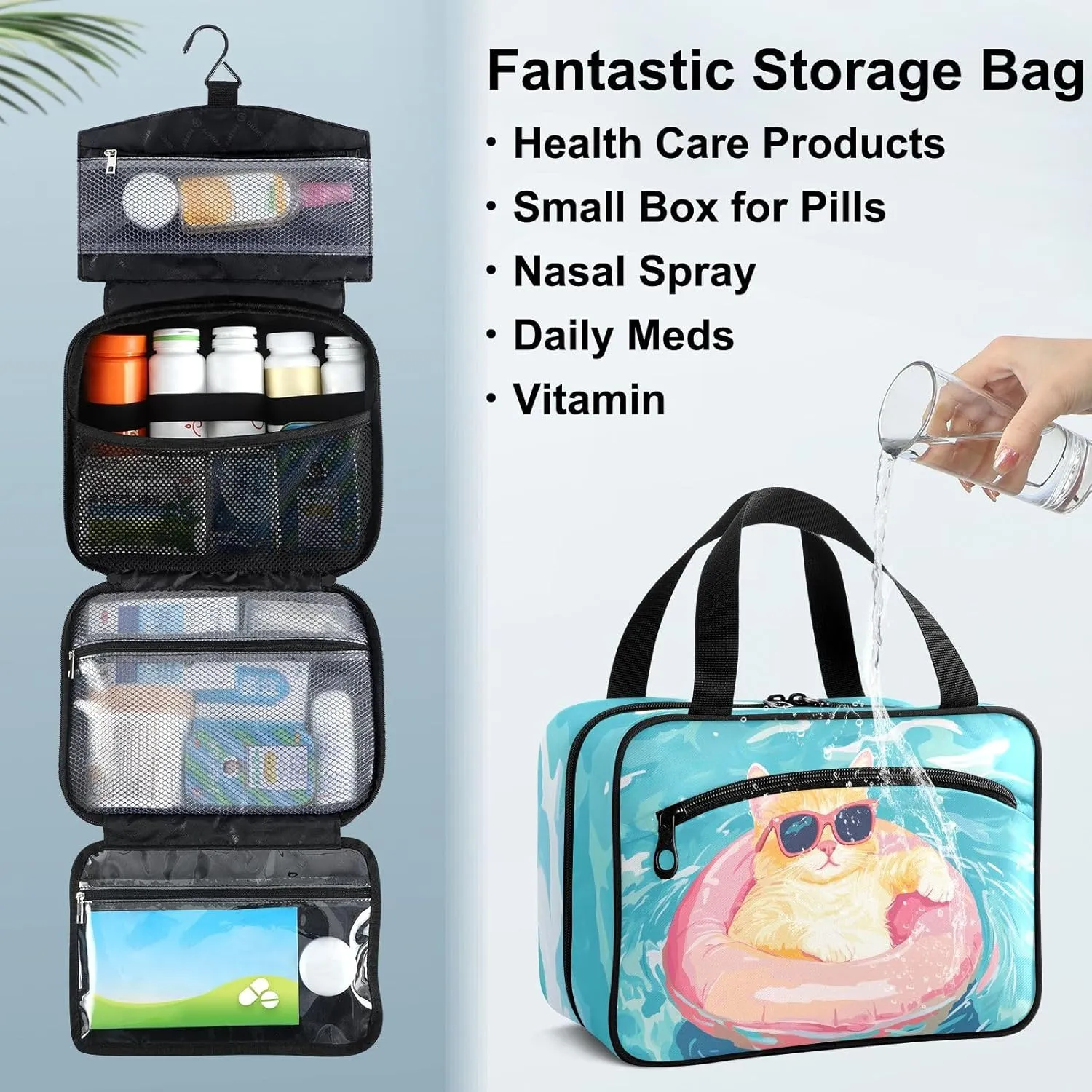 Fustylead Leisurely Cat with Sunglasses in The Pool Empty Travel First Aid Bag Large Home Medication Bag with Zipper for Pills,Vitamin,Fish Oil,Supplements for Women and Men