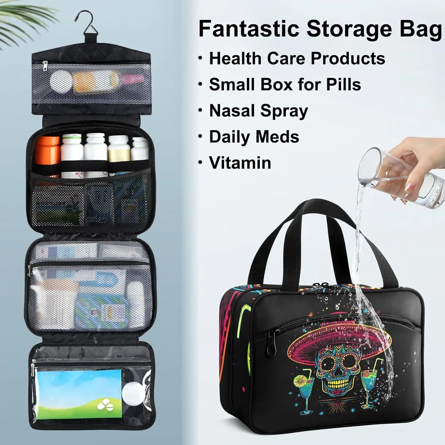 Fustylead Neon Sugar Skull Wearing Sombrero with Margaritas Large Medical Supplies Organizer Bag with Zipper Empty First Aid Bag Trauma Kit for Traveling Hiking Camping