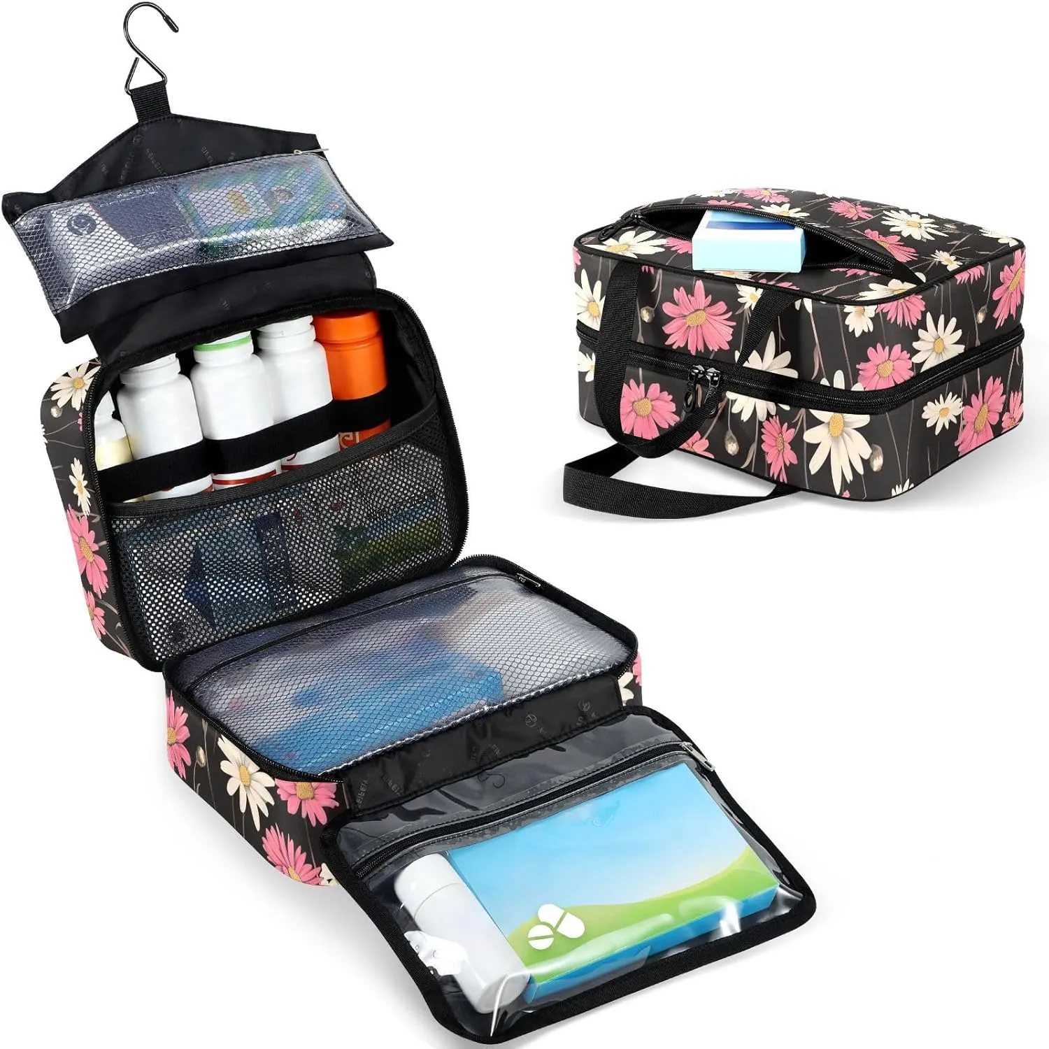 Fustylead Retro White and Pink Daisy Flowers Large Medical Supplies Organizer Bag with Zipper Empty First Aid Bag Trauma Kit for Traveling Hiking Camping