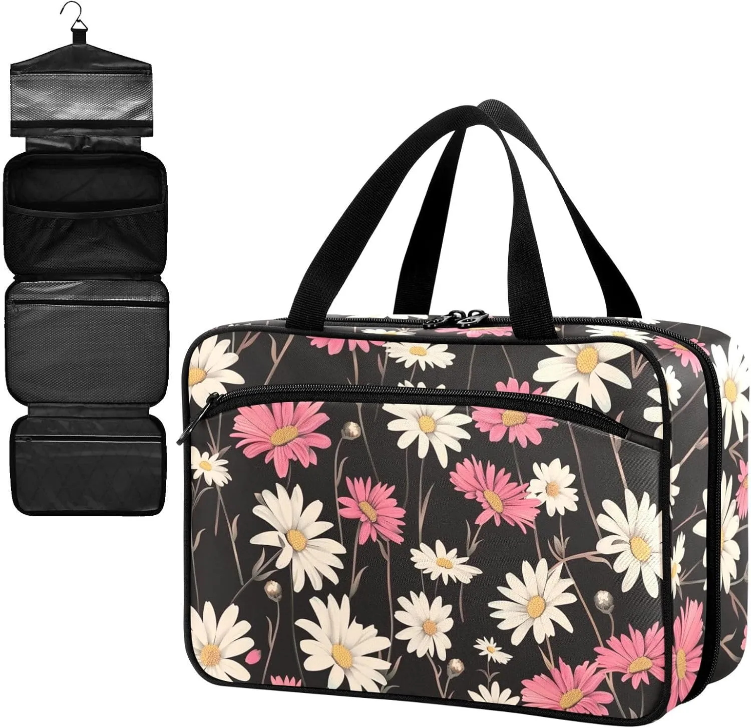 Fustylead Retro White and Pink Daisy Flowers Large Medical Supplies Organizer Bag with Zipper Empty First Aid Bag Trauma Kit for Traveling Hiking Camping