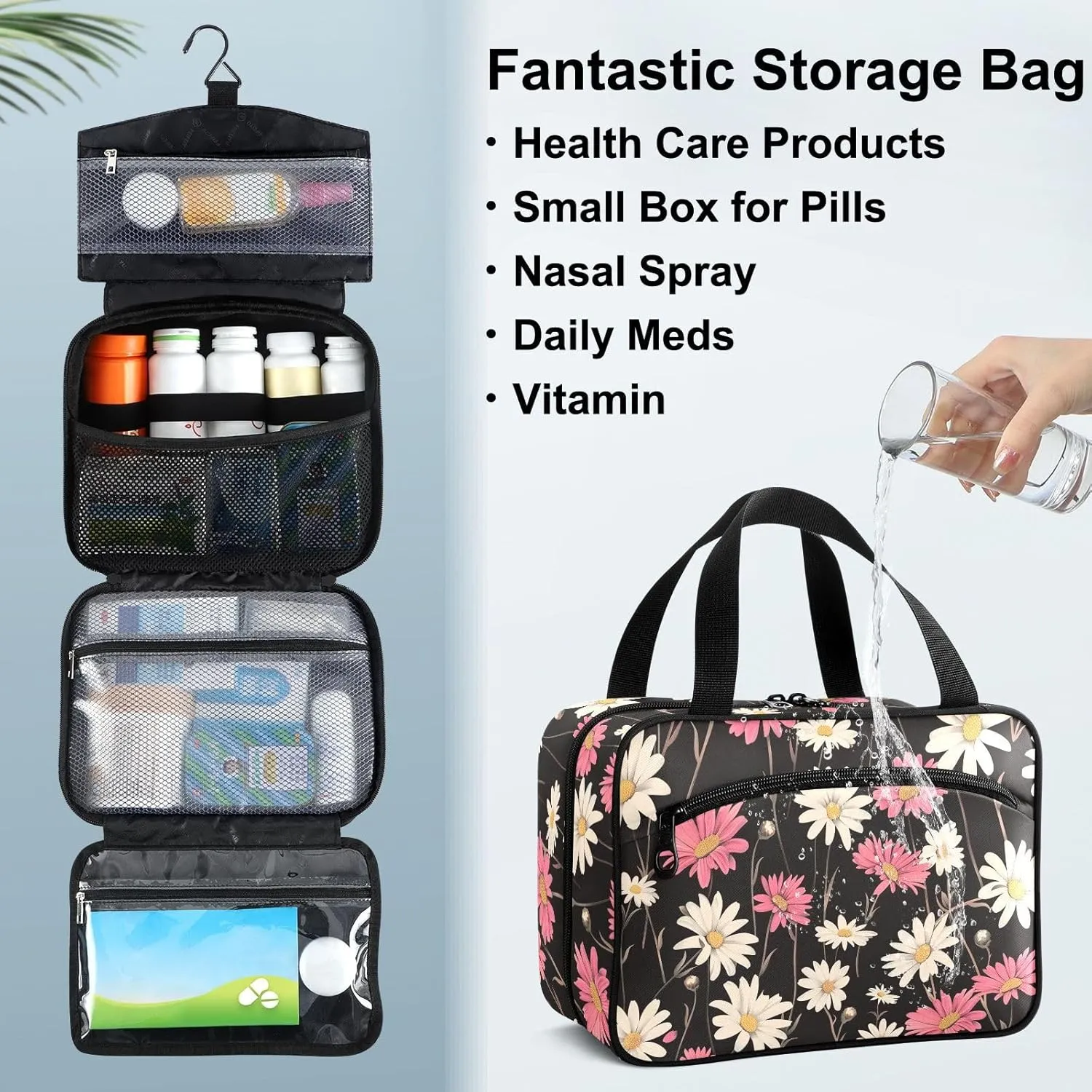 Fustylead Retro White and Pink Daisy Flowers Large Medical Supplies Organizer Bag with Zipper Empty First Aid Bag Trauma Kit for Traveling Hiking Camping