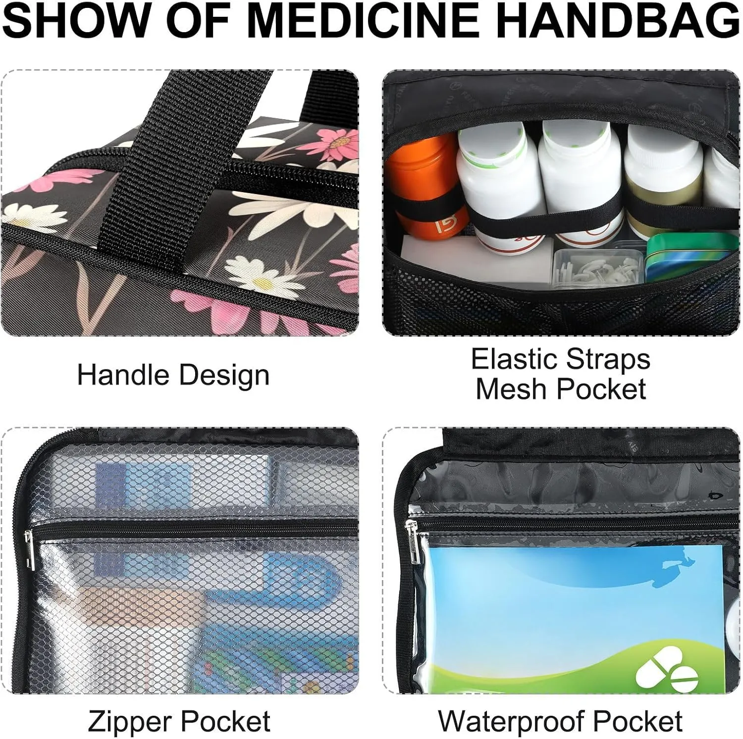 Fustylead Retro White and Pink Daisy Flowers Large Medical Supplies Organizer Bag with Zipper Empty First Aid Bag Trauma Kit for Traveling Hiking Camping