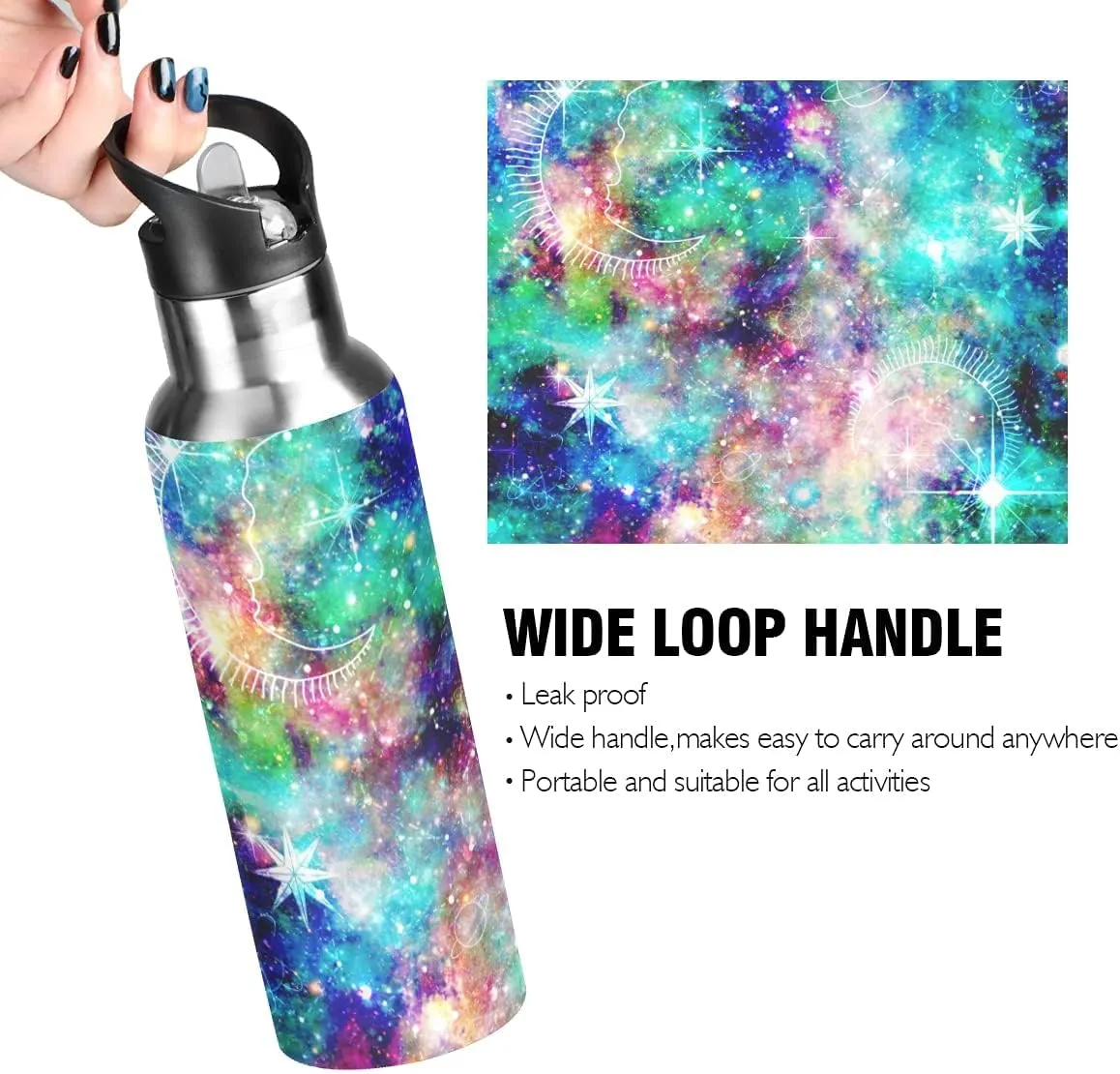 Galaxy Print Kids Insulated Stainless Steel Water Bottle With Straw Lid - Leakproof Flask for Gym, Outdoor - 20 oz
