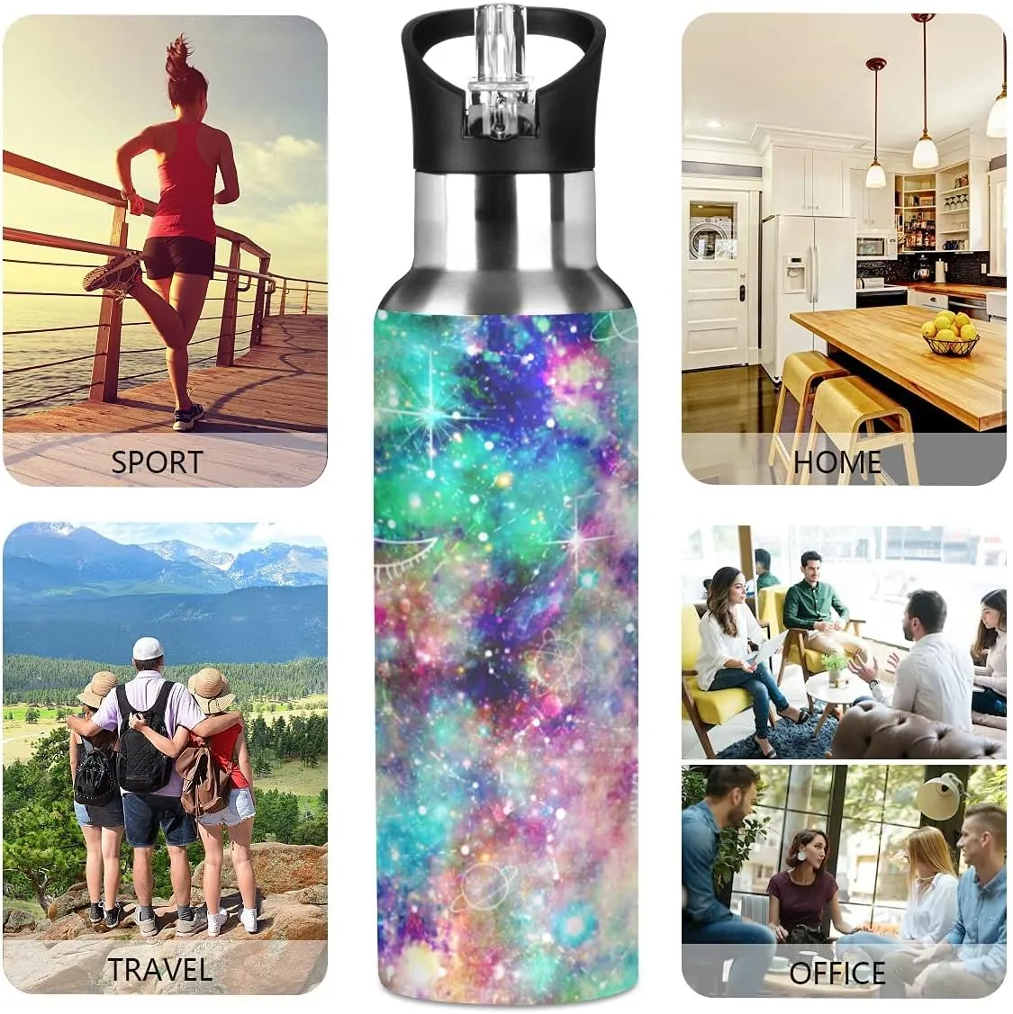 Galaxy Print Kids Insulated Stainless Steel Water Bottle With Straw Lid - Leakproof Flask for Gym, Outdoor - 20 oz