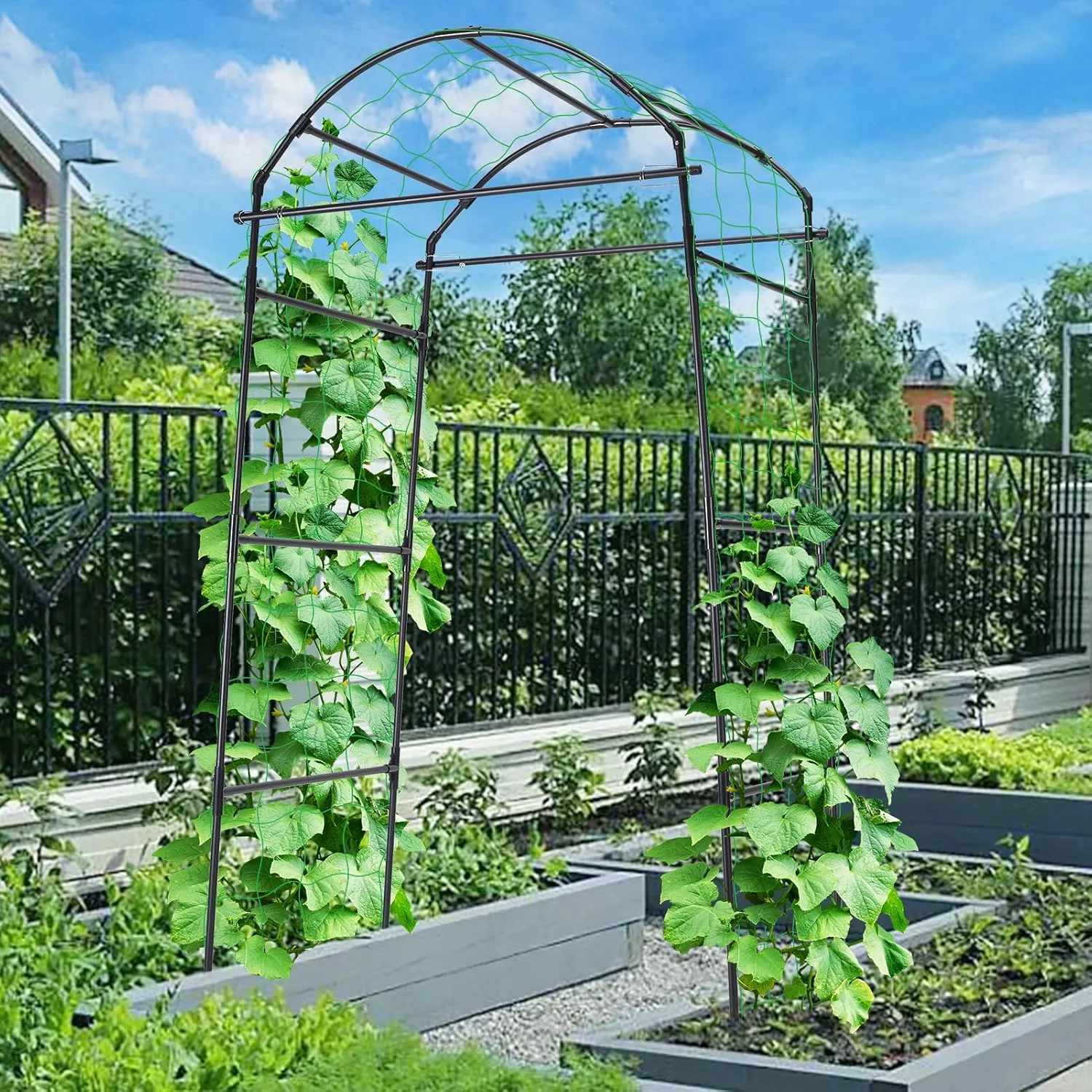 Garden Arch Trellis for Climbing Plants Outdoor, 6.7ft Tall Cucumber Trellis for Raised Bed, Arbor Climbing Plant Support Vegetable Tomato Bean Pea Grape Vine Trellis, Lightweight