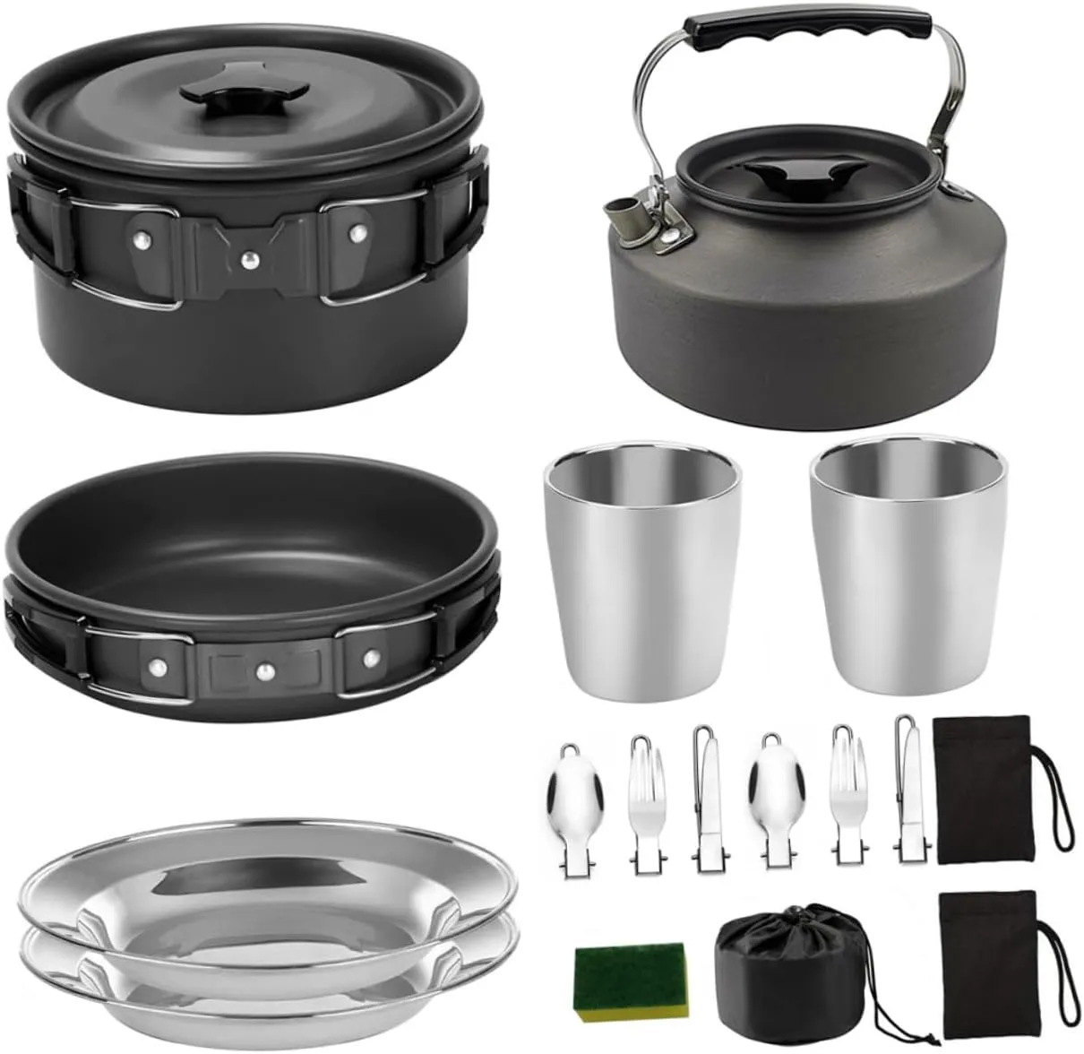 Garneck Backpacking Cooking Set 2-in-1 Camping Pot Teapot Lightweight Aluminum Cookware Non-Stick Pots and Pans for Hiking Portable Outdoor Supplies