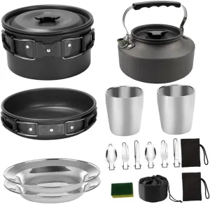 Garneck Backpacking Cooking Set 2-in-1 Camping Pot Teapot Lightweight Aluminum Cookware Non-Stick Pots and Pans for Hiking Portable Outdoor Supplies