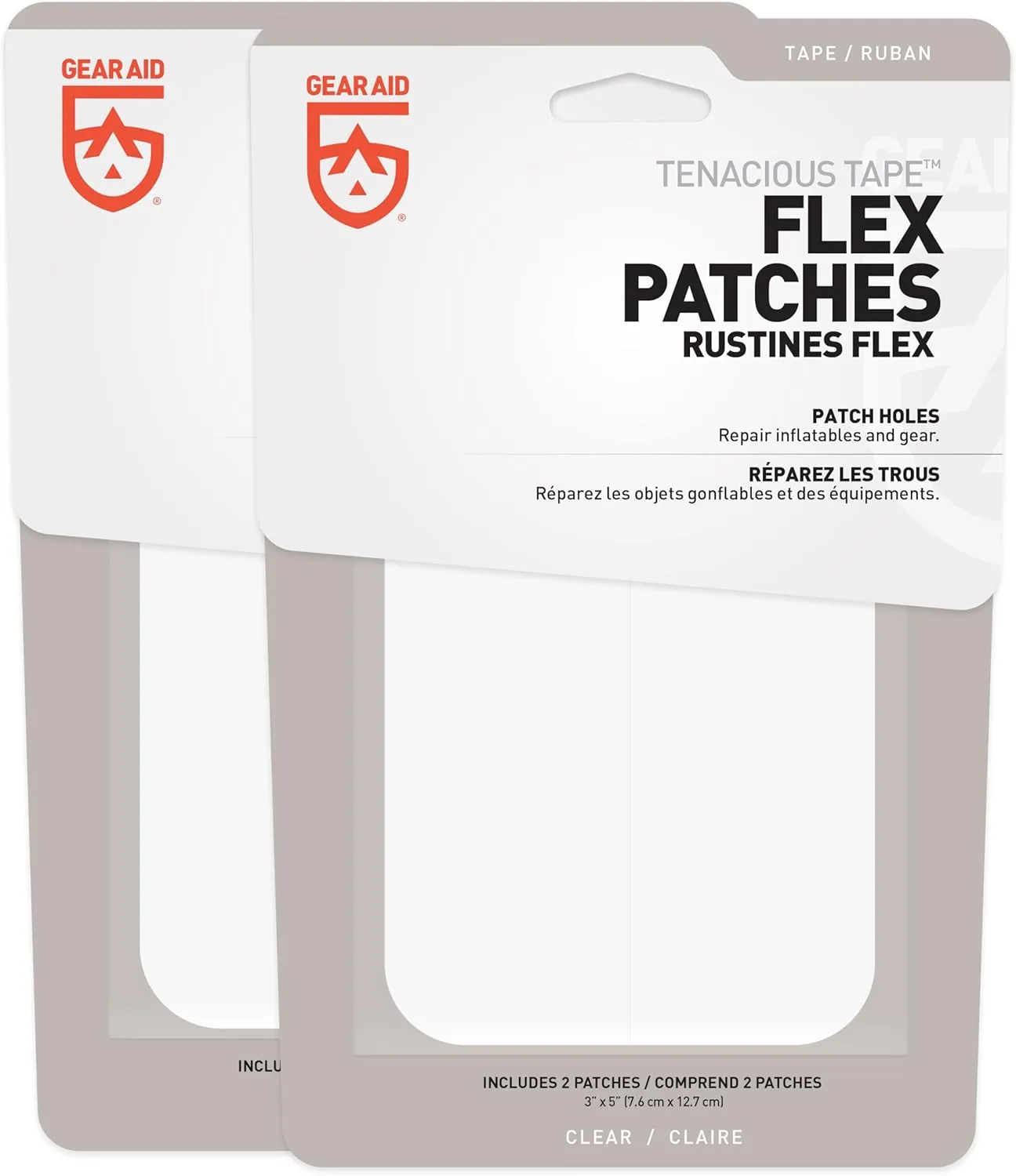 GEAR AID Tenacious Tape Flex Heavy Duty Patches for Fixing Holes and Rips in Outdoor Fabrics, Vinyl, Pool and Snow PVC Inflatables, Peel-and-Stick, Clear, Two 3" x 5" Patches